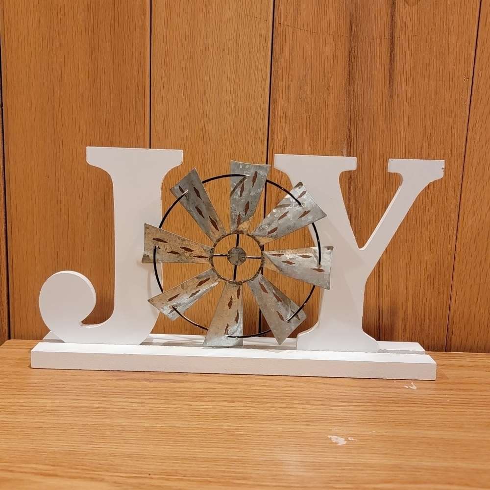JOY Wood with rustic Metal windmill Standing Sign Holiday Christmas Decor